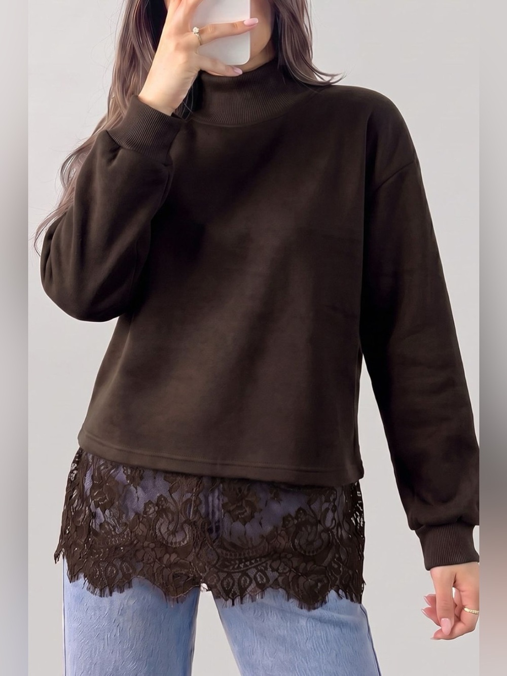 Lace Hem Mock Neck Sweatshirt